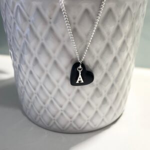 Sterling Silver chain and initial with black heart pendant